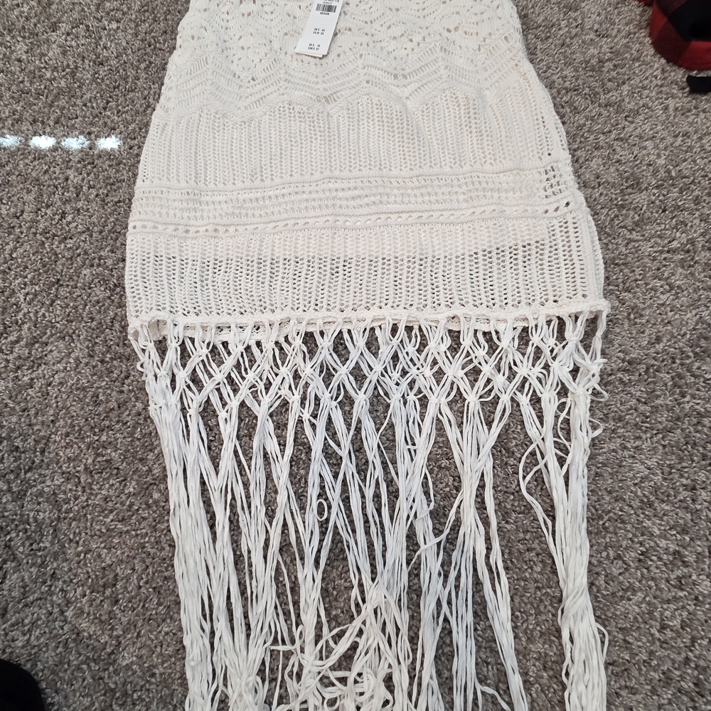 Abercrombie & Fitch White Crochet Pencil Skirt with Fringe - Picture 2 of 4